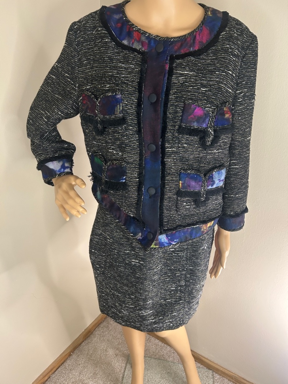 RACHEL Rachel Roy Black Tweed Blazer with Multicolor Trim